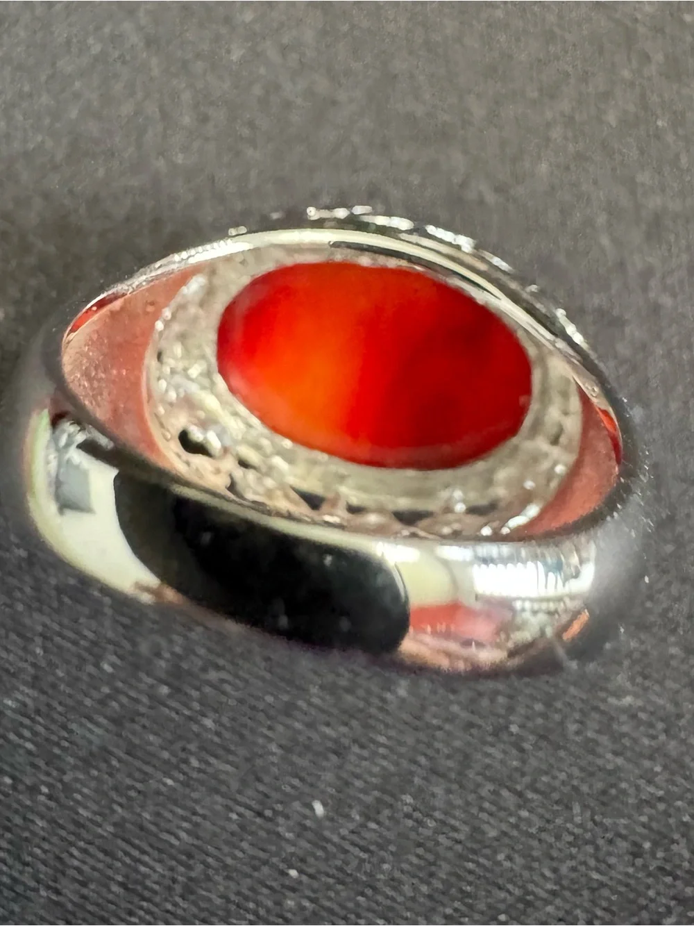 Red Coral Oval Cabochon Stone Ring w/ Sterling Filigree Design Surrounding Stone